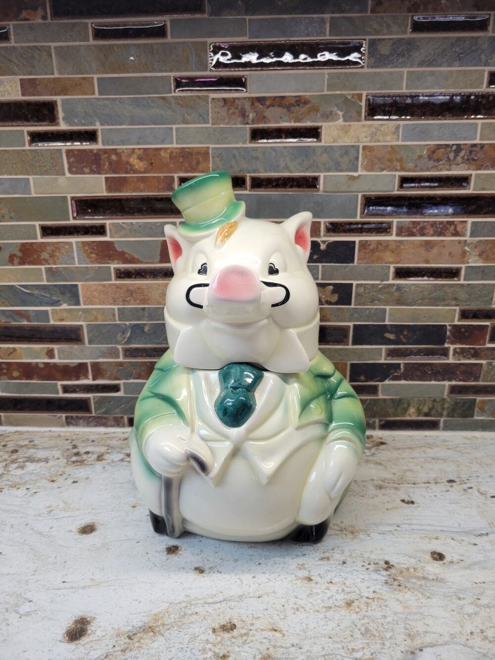 Vintage American Retro Ceramic Pig Cookie Jar Tuxedo Top Hat Green W7